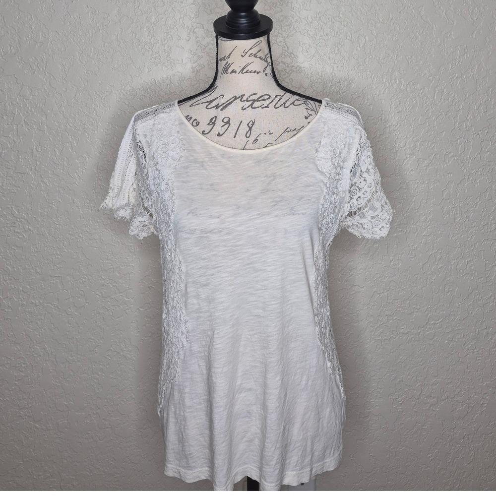 Ann Taylor LOFT Cream Lace Trim Slub Knit Short Sleeve Top Medium